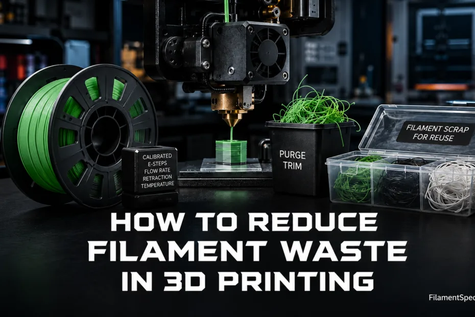 3D printer nozzle and filament spool illustrating how to reduce filament waste in 3D printing.