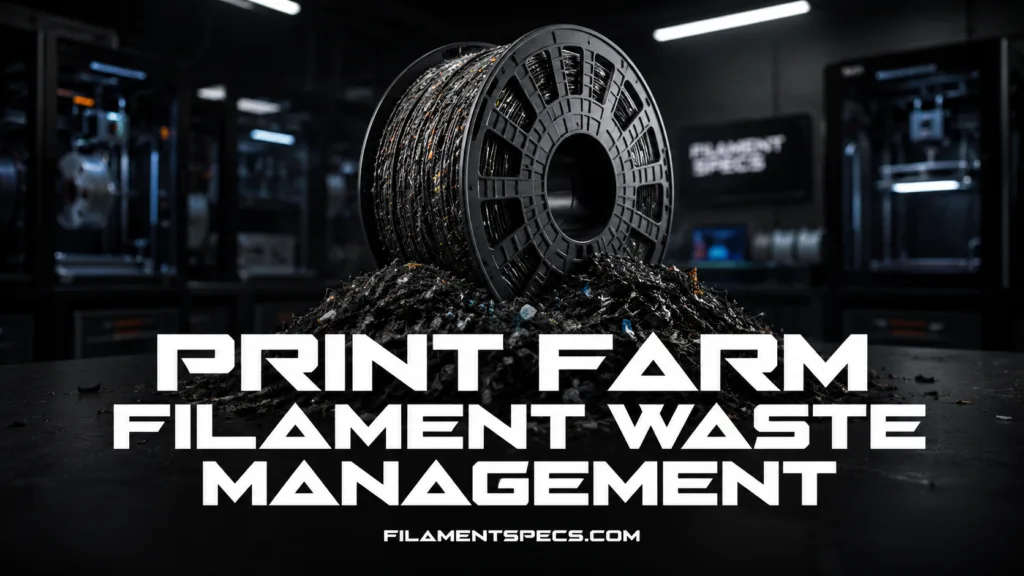 Print farm filament waste management with spools and waste bins for efficient 3D printing operations.