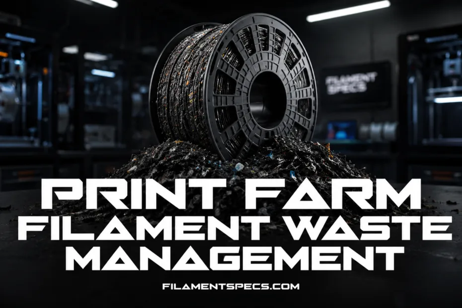 Print farm filament waste management with spools and waste bins for efficient 3D printing operations.