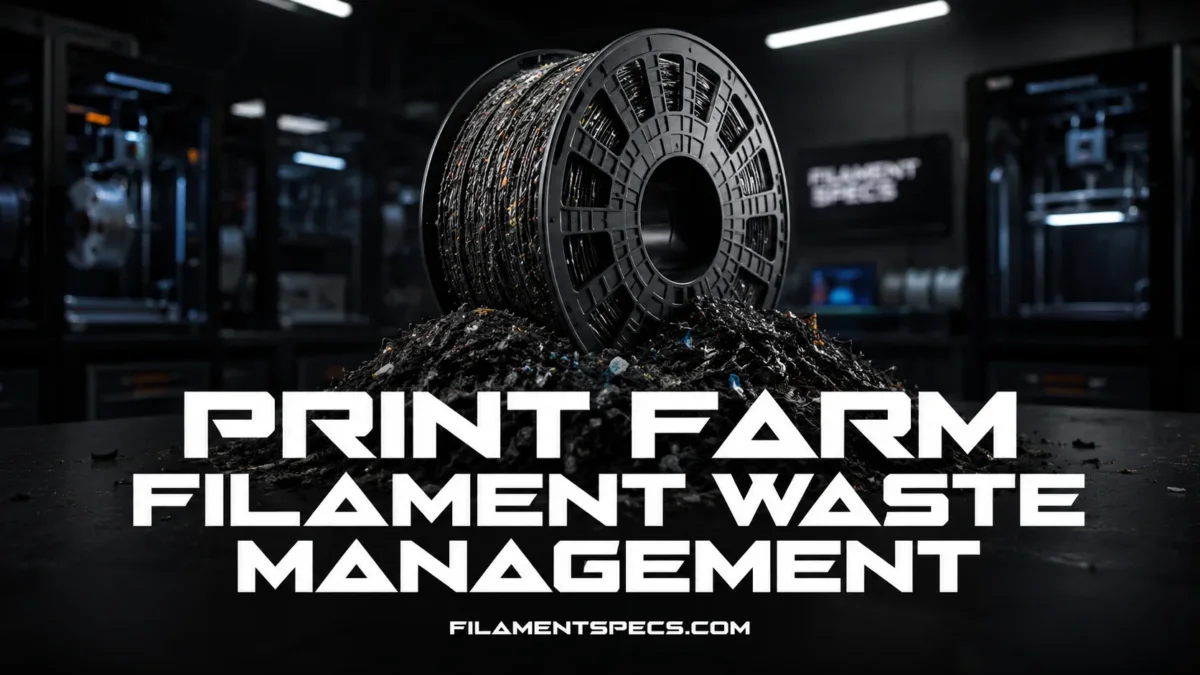 Print farm filament waste management with spools and waste bins for efficient 3D printing operations.