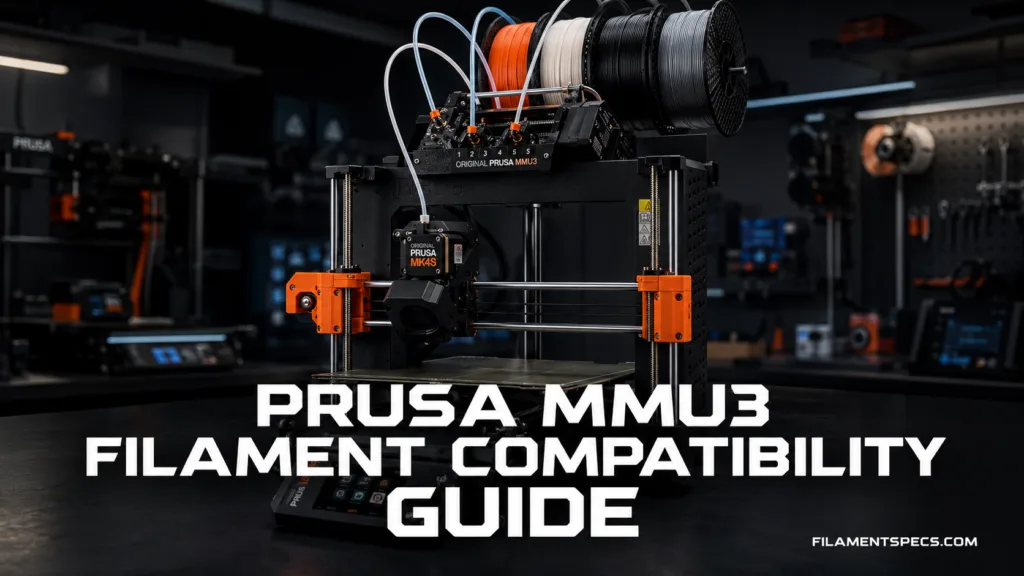 Prusa MMU3 filament compatibility guide shows features of multi-material 3D printing setup for versatile filament use.