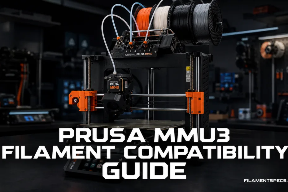 Prusa MMU3 filament compatibility guide shows features of multi-material 3D printing setup for versatile filament use.