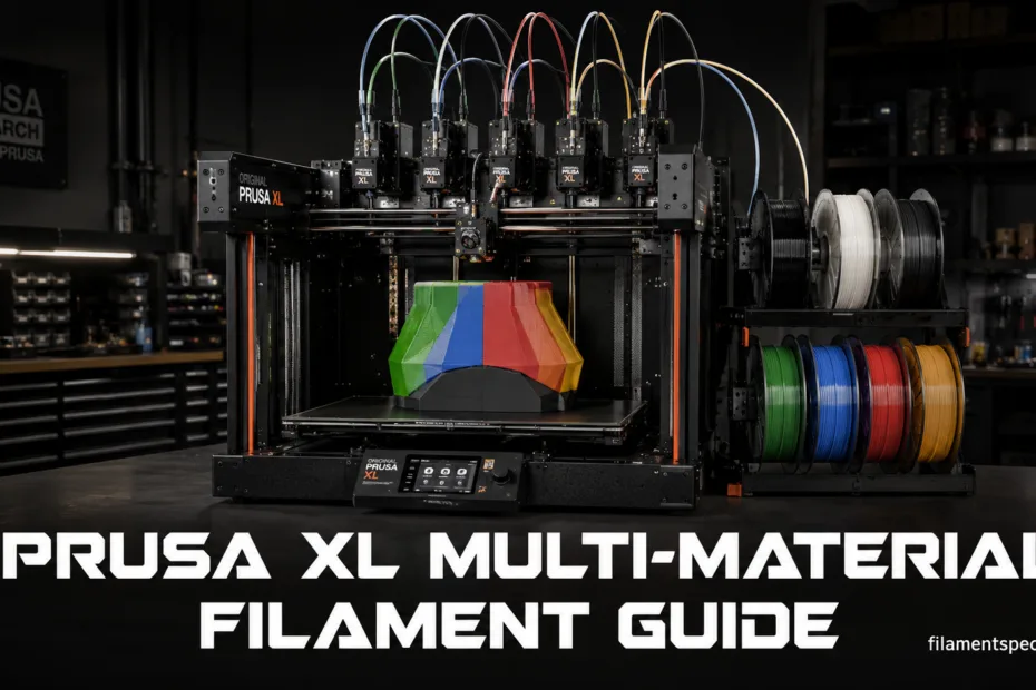 Prusa XL Multi-Material Filament Guide shows a 3D printer with multiple filament spools ready for complex multi-material prin…