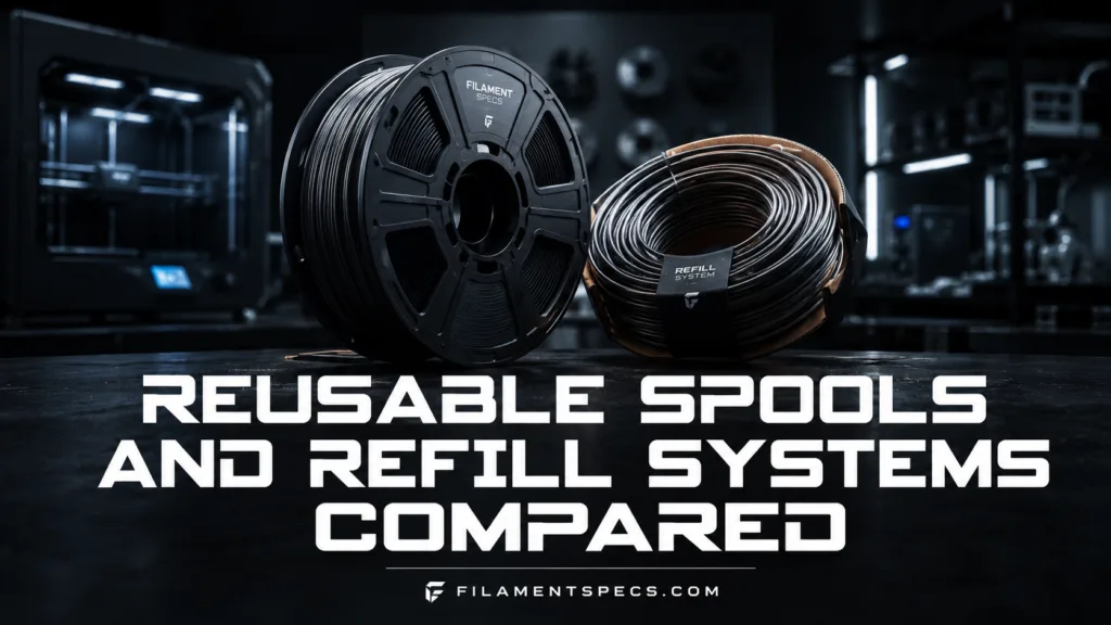 Recyclable spools and refill systems shown, perfect for sustainable 3D printing with reusable spool options.