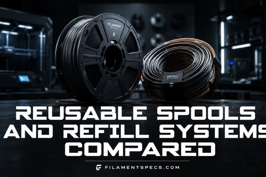 Recyclable spools and refill systems shown, perfect for sustainable 3D printing with reusable spool options.