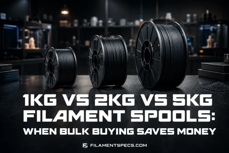 Different sizes of filament spools (1kg, 2kg, 5kg) showcasing how bulk buying can save money for 3D printing enthusiasts.