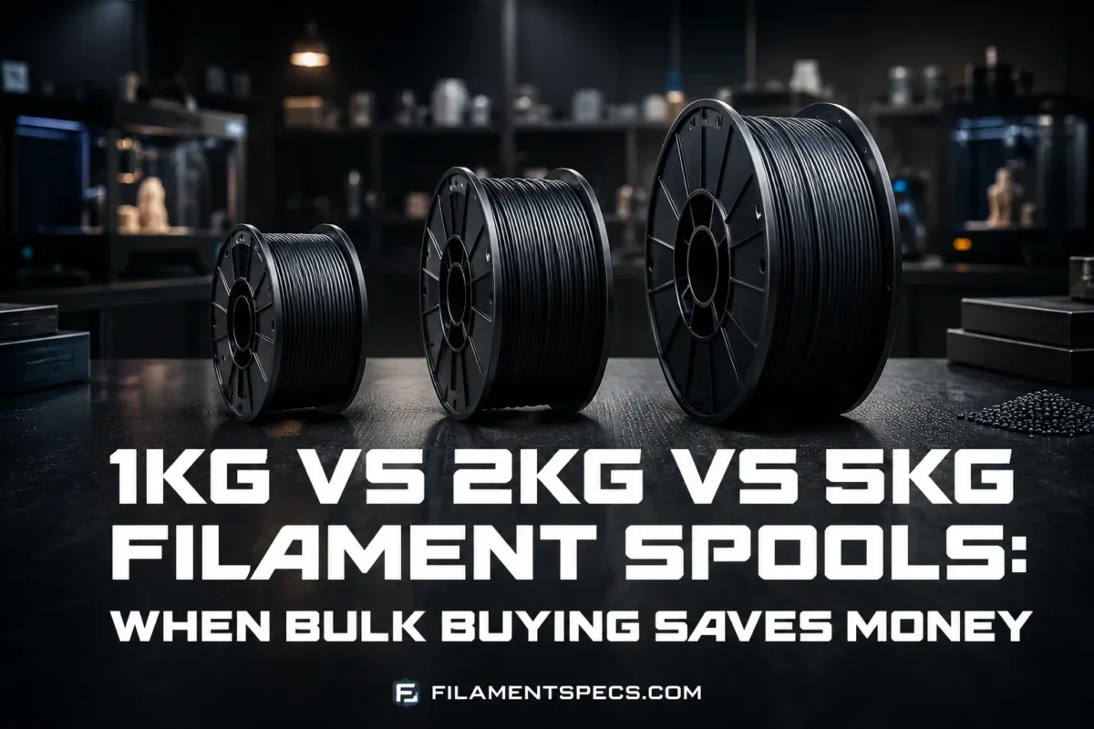 Different sizes of filament spools (1kg, 2kg, 5kg) showcasing how bulk buying can save money for 3D printing enthusiasts.
