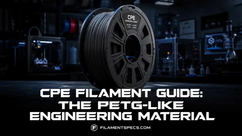 CPE filament guide shows a spool of PETG-like engineering material ideal for 3D printing projects.