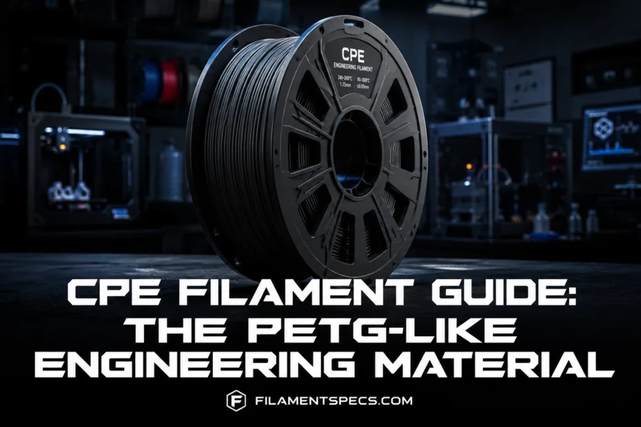 CPE filament guide shows a spool of PETG-like engineering material ideal for 3D printing projects.