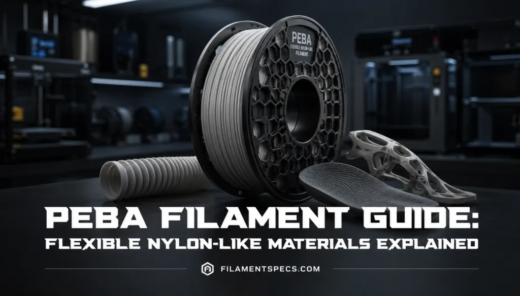PEBA filament guide showcases flexible, nylon-like material ideal for advanced 3D printing projects.