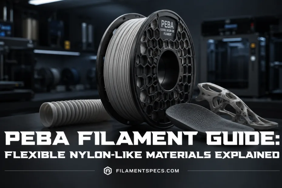 PEBA filament guide showcases flexible, nylon-like material ideal for advanced 3D printing projects.