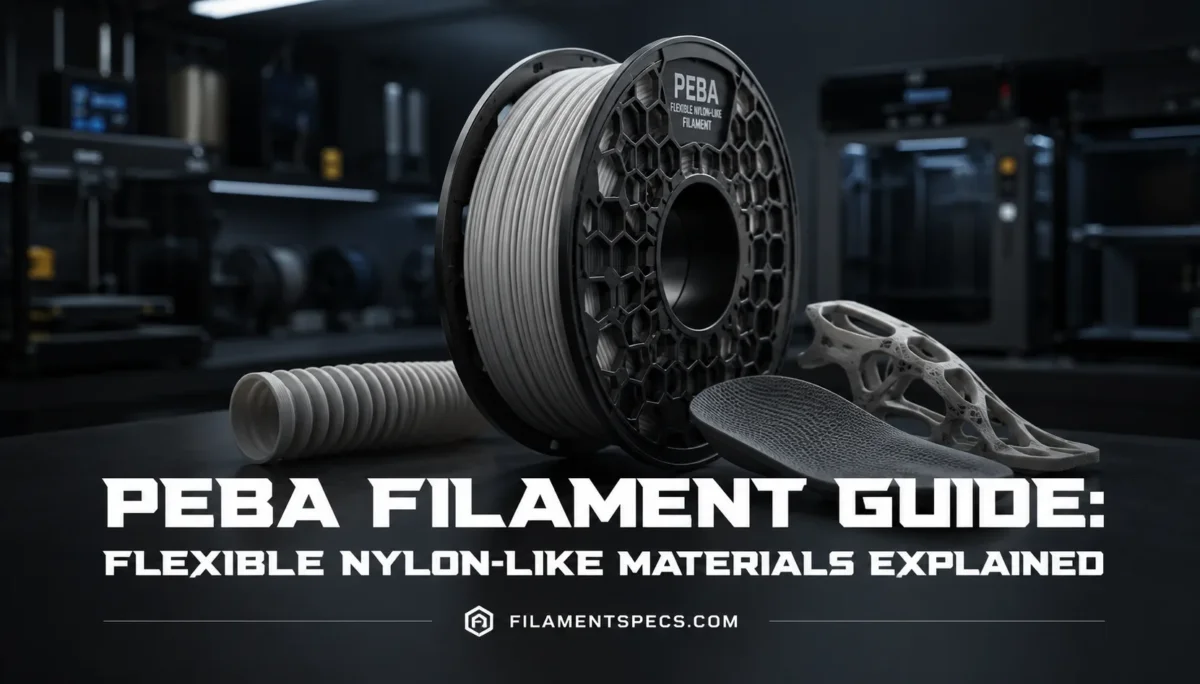 PEBA filament guide showcases flexible, nylon-like material ideal for advanced 3D printing projects.